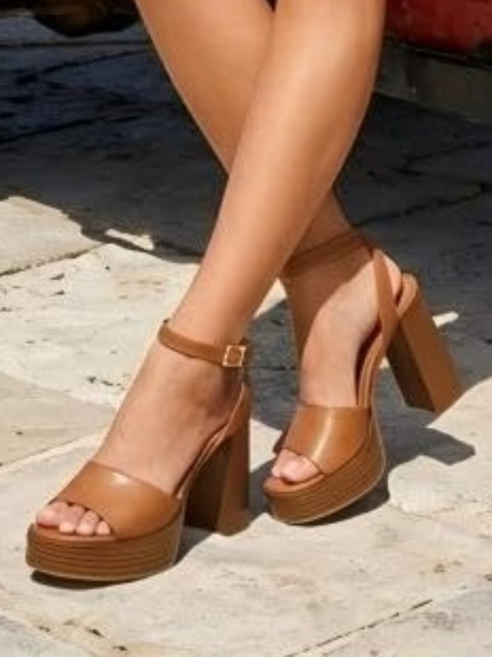 Women's A-Tan Platform Heels Open Toe Chunky Block Heel Ankle Strap Sandals